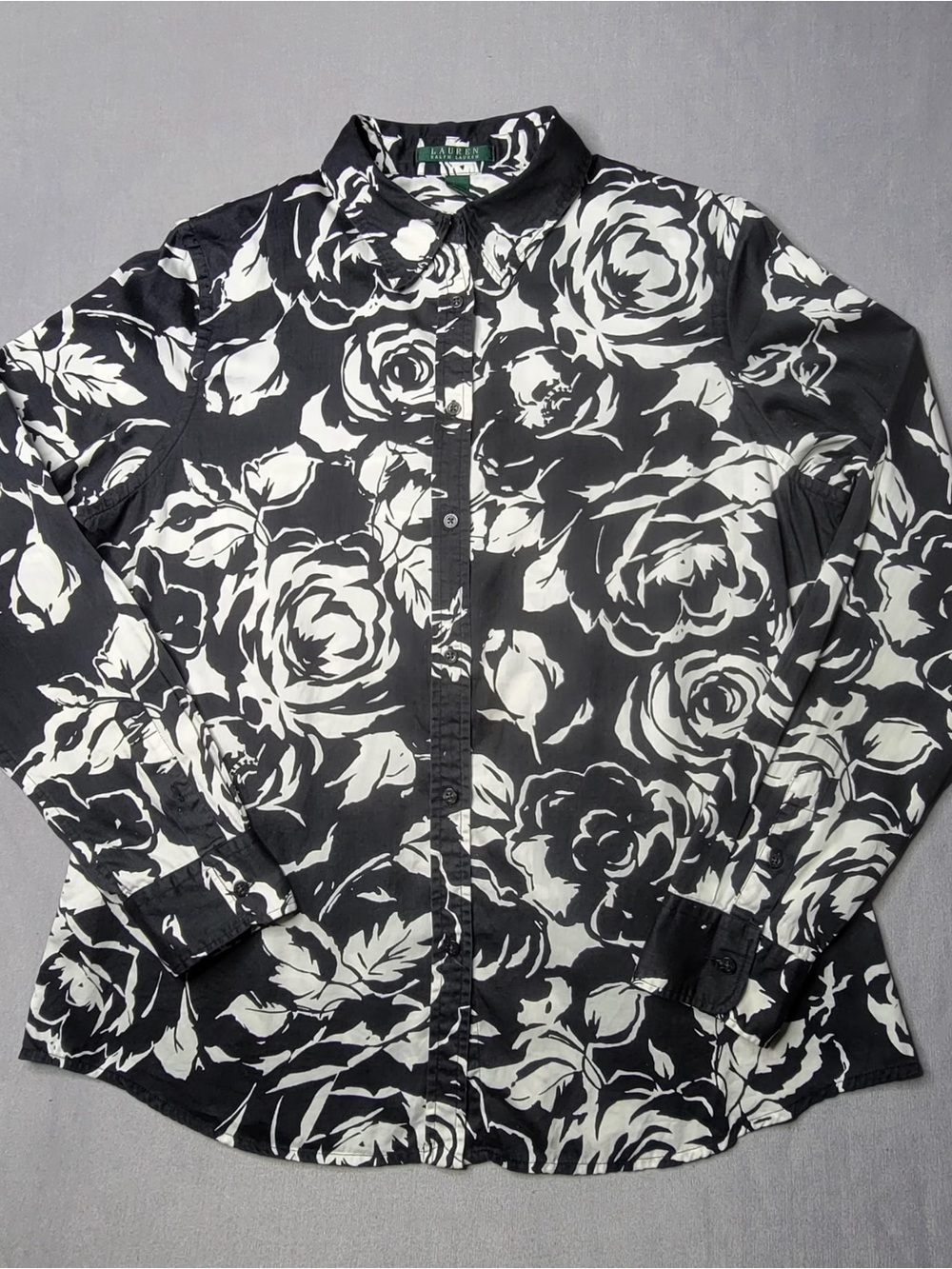 Ralph Lauren women Black & White Floral Button-Front Shirt long sheeve size L